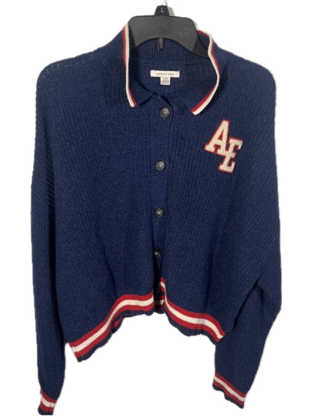 American Eagle Collar Varsity Cardigan Button Knit Sweater Logo Patch